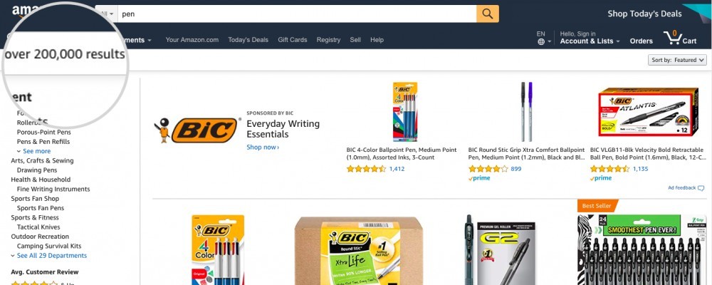 Search 'pen' over 200,000 search result in Amazon