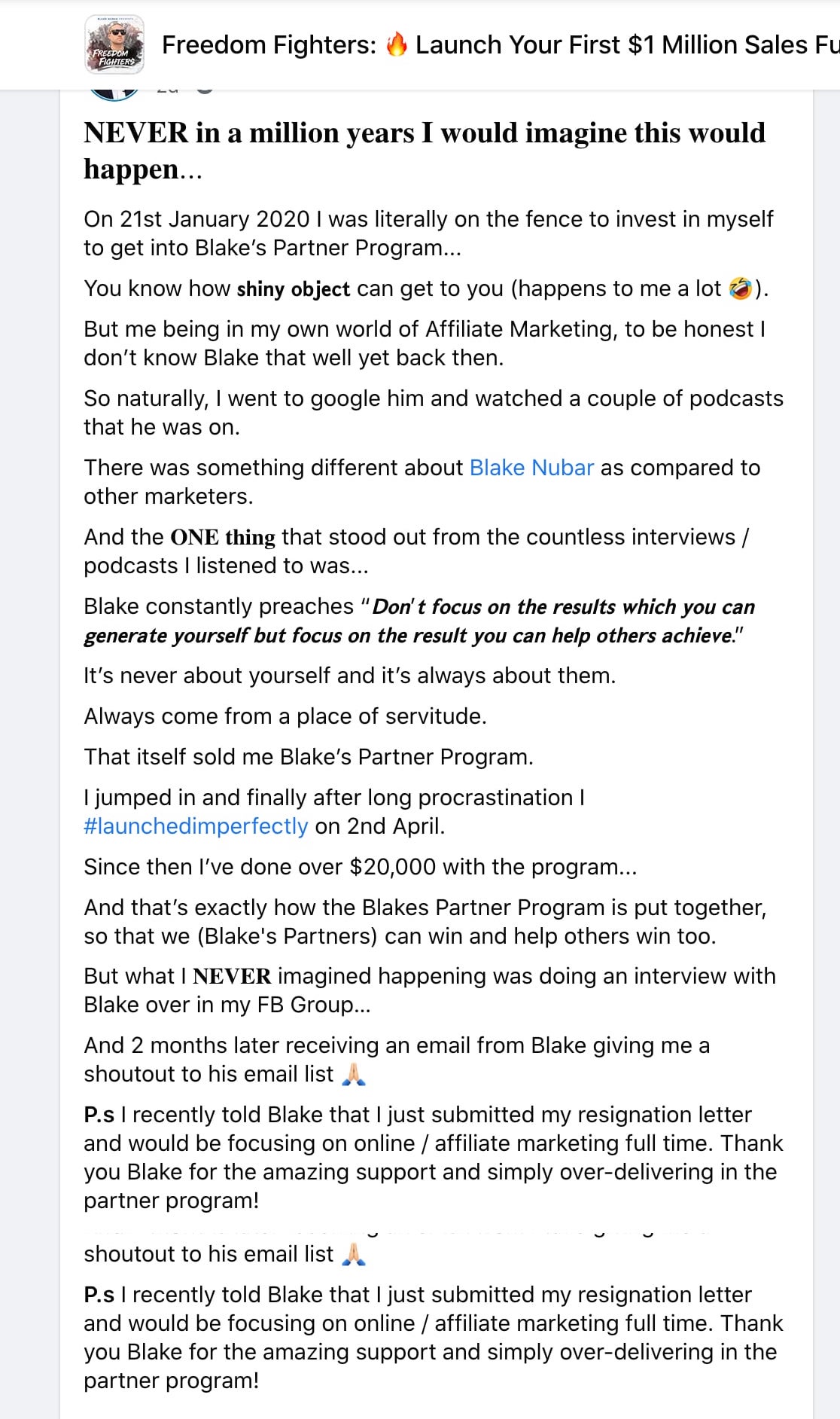 Blake's Partner Program Facebook Engagement - openup-opportunities.com